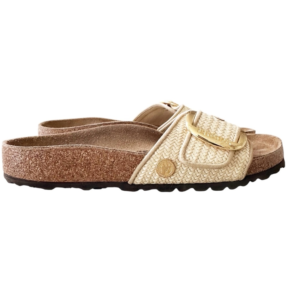 Birkenstock Cream Raffia Single-Strap Slide Sandals with Gold Buckle Detail. - Picture 3 of 13